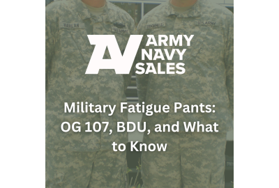 Soldiers wearing army uniforms with text overlay, "Military Fatigue Pants: OG 107, DBU, and What to Know" with Army Navy Sales logo